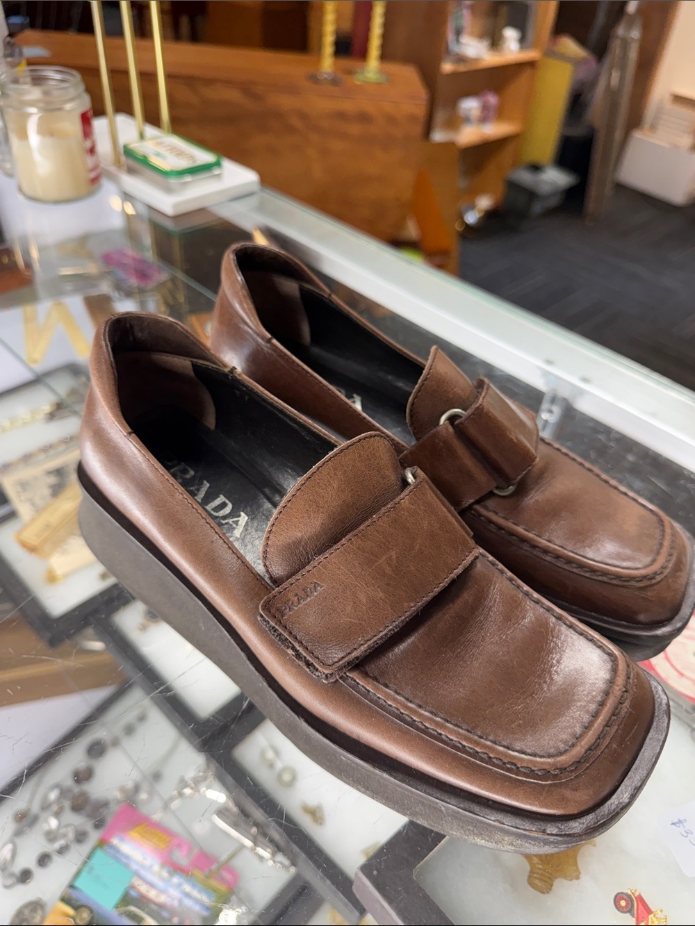 Prada Brown Leather Square-Toe Slip-On Loafers - Picture 3 of 8